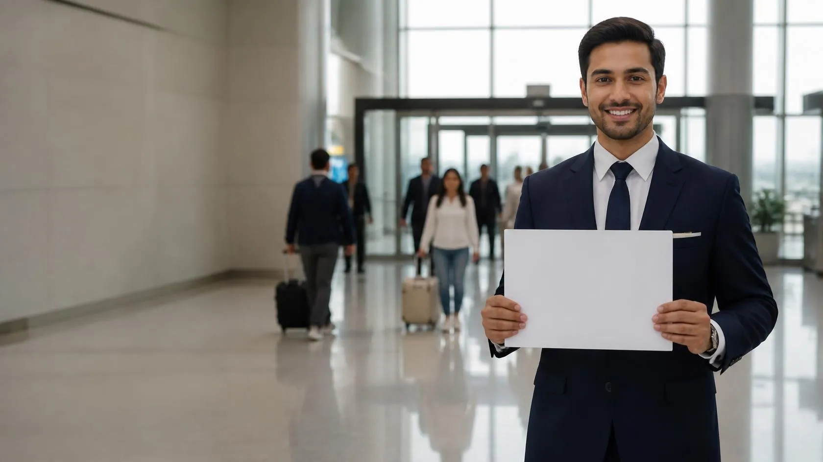 Airport greeter holding a welcome sign in the arrivals hall