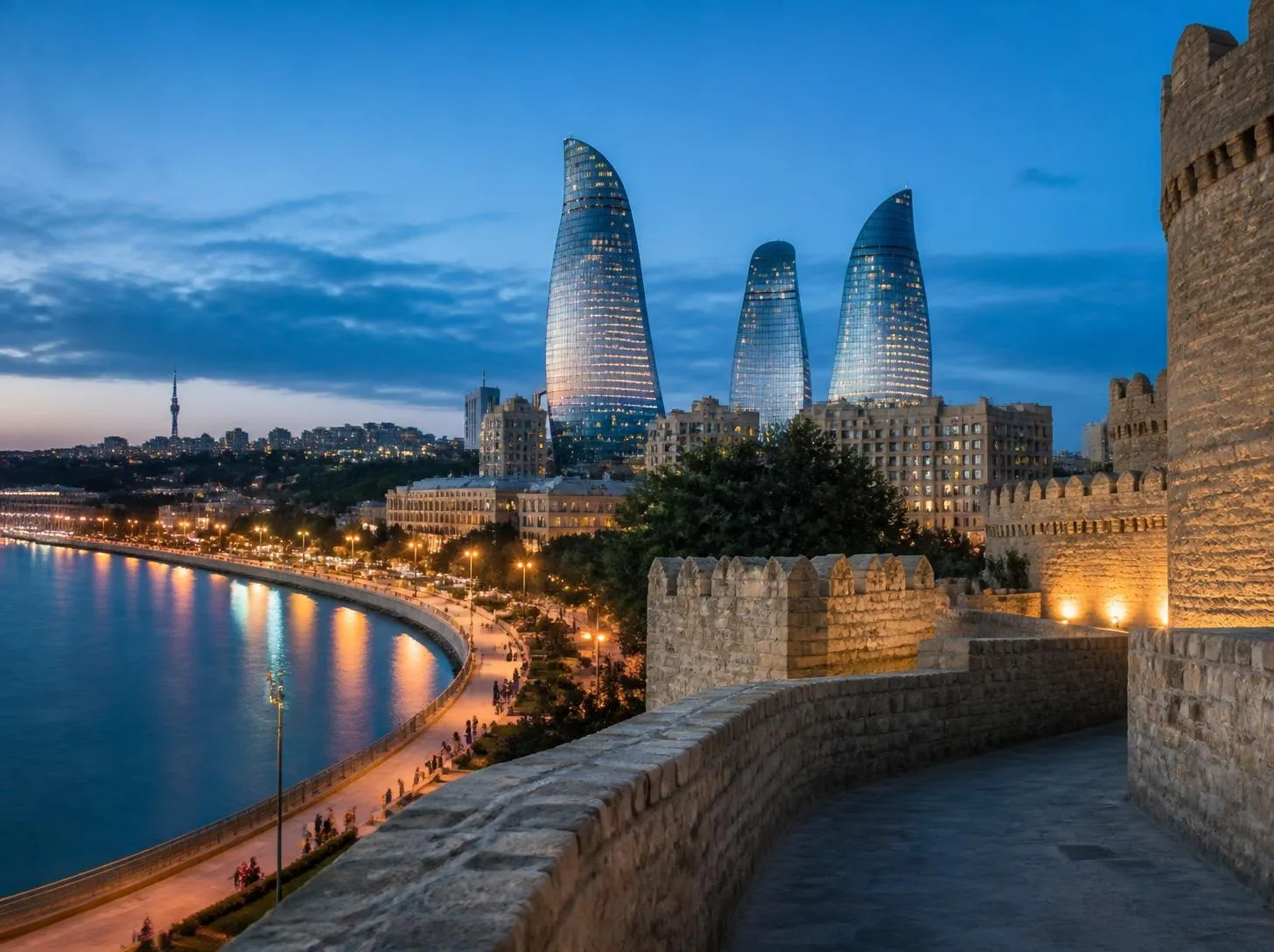 Baku Flame Towers and the Caspian promenade at dusk, Azerbaijan