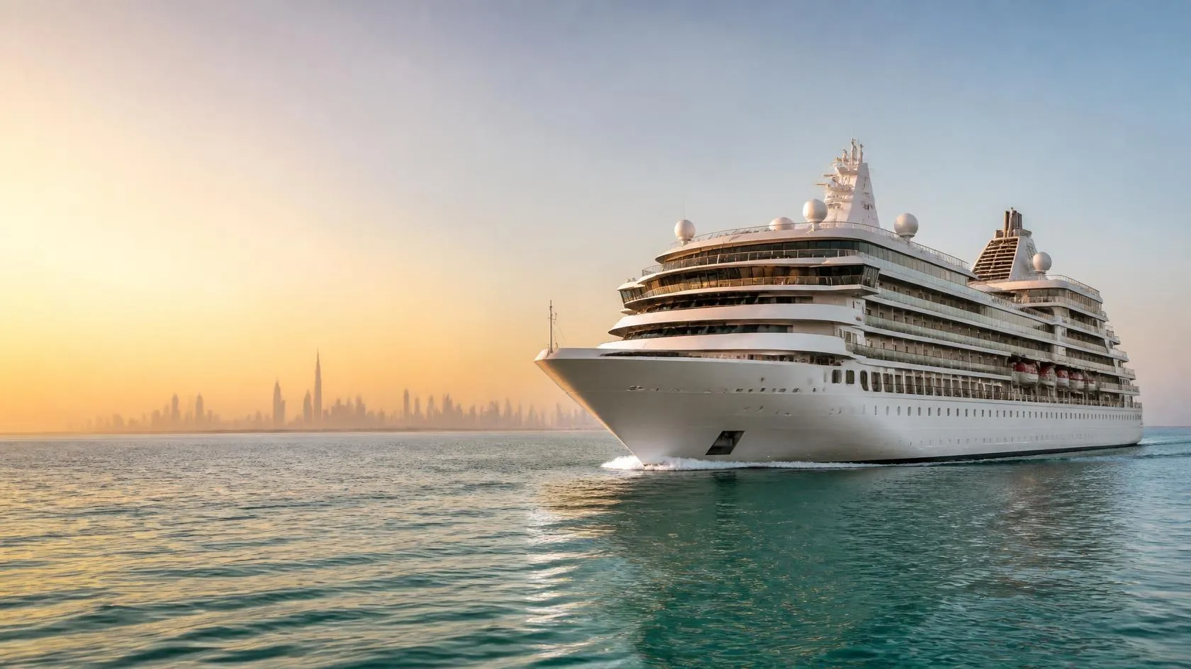 Cruise ship sailing the Arabian Gulf at golden hour