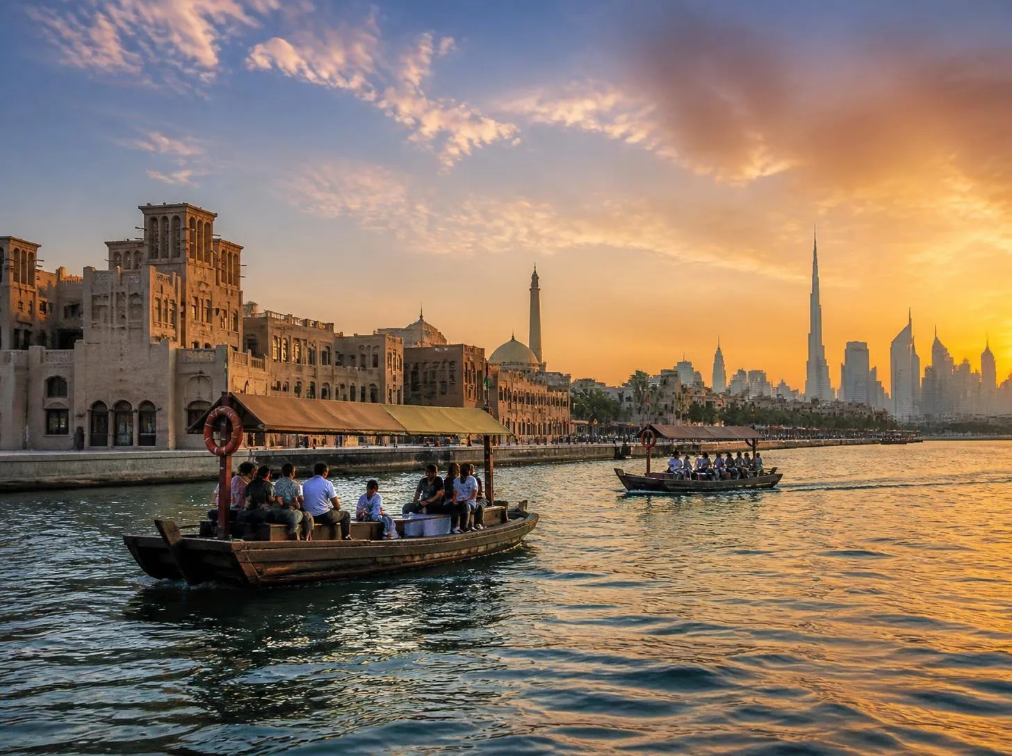 Abra boats crossing Dubai Creek with the skyline at sunset