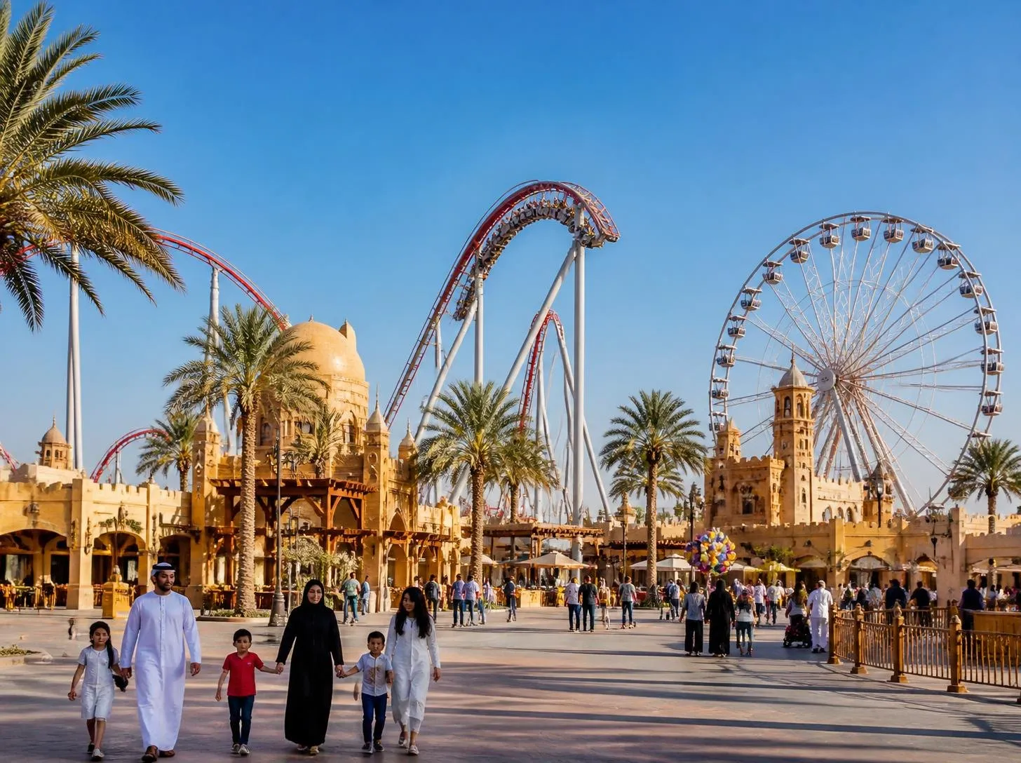 Family theme park with roller coaster and Ferris wheel in Dubai