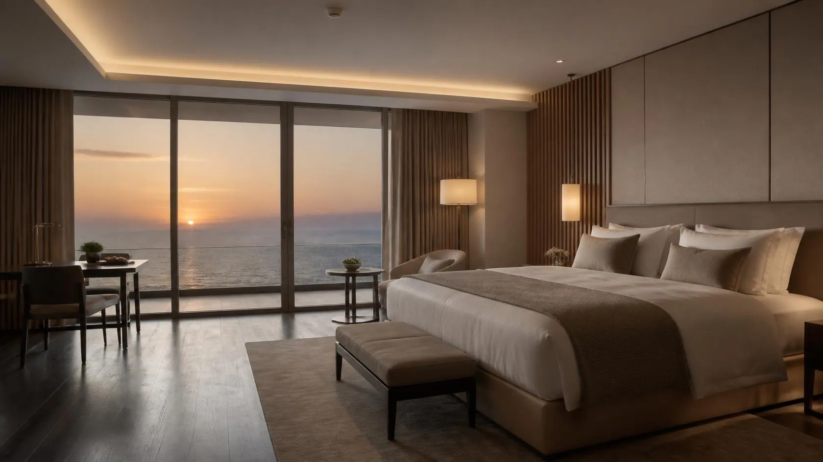 Modern hotel room with a sea view at sunset