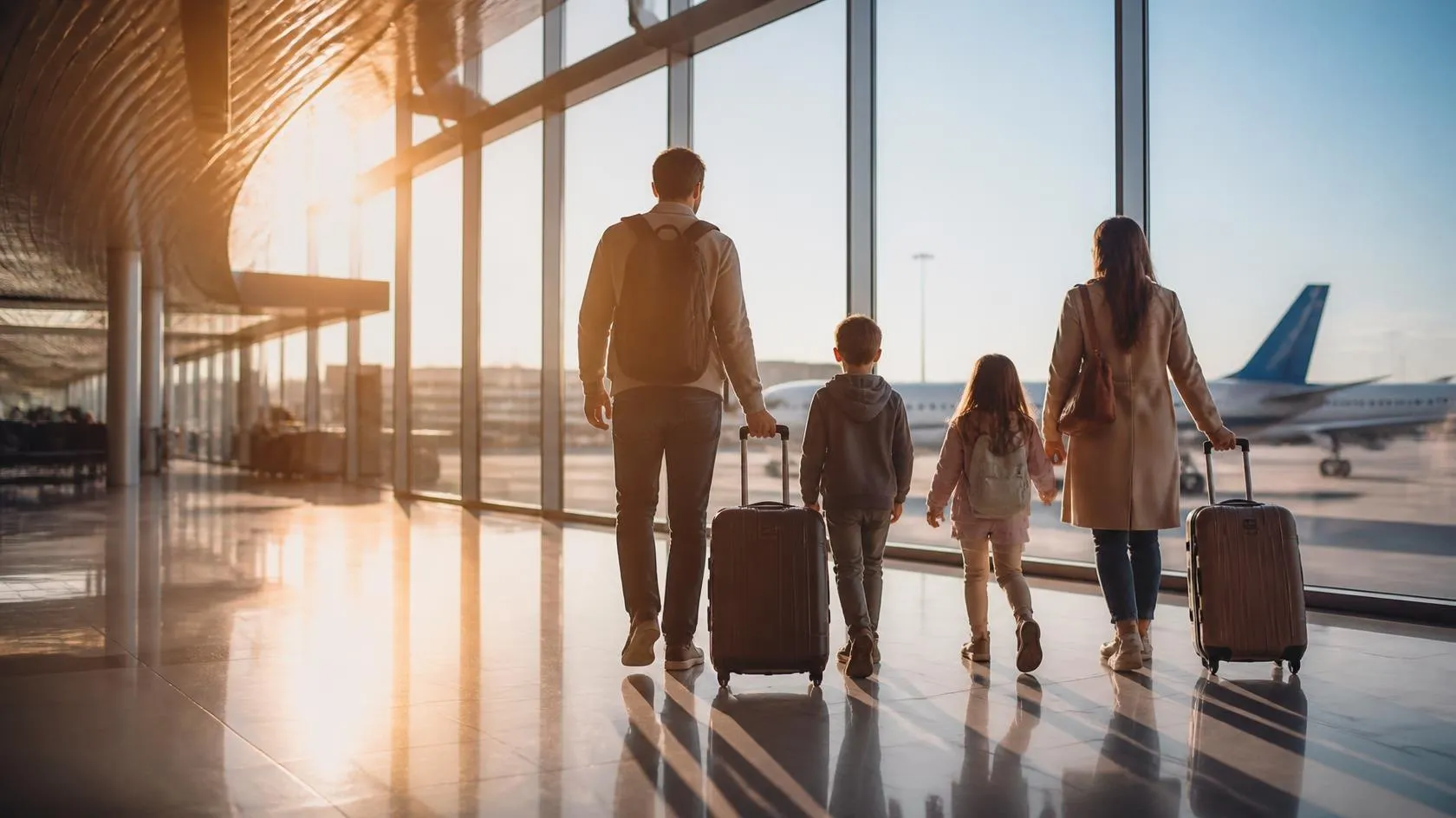 Family with suitcases walking through an airport terminal