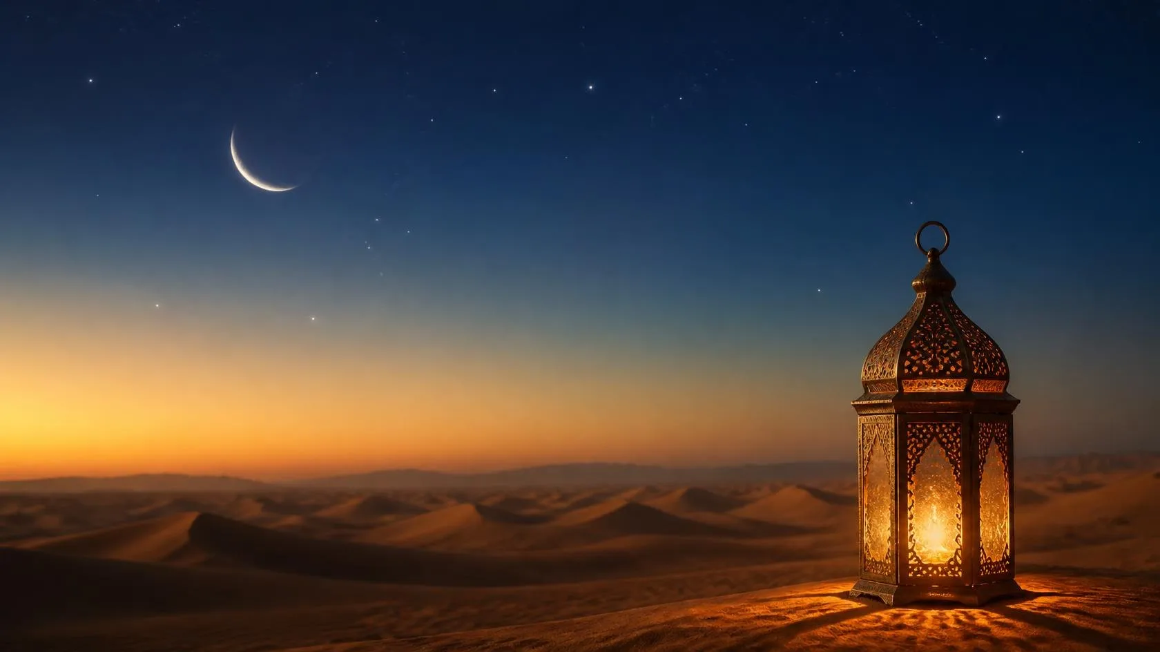 Crescent moon and lantern over desert dunes at dusk